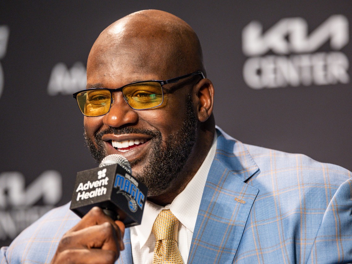 Shaquille O'Neal speaks during a press conference on Feb. 13, 2024, in Orlando, Fla.