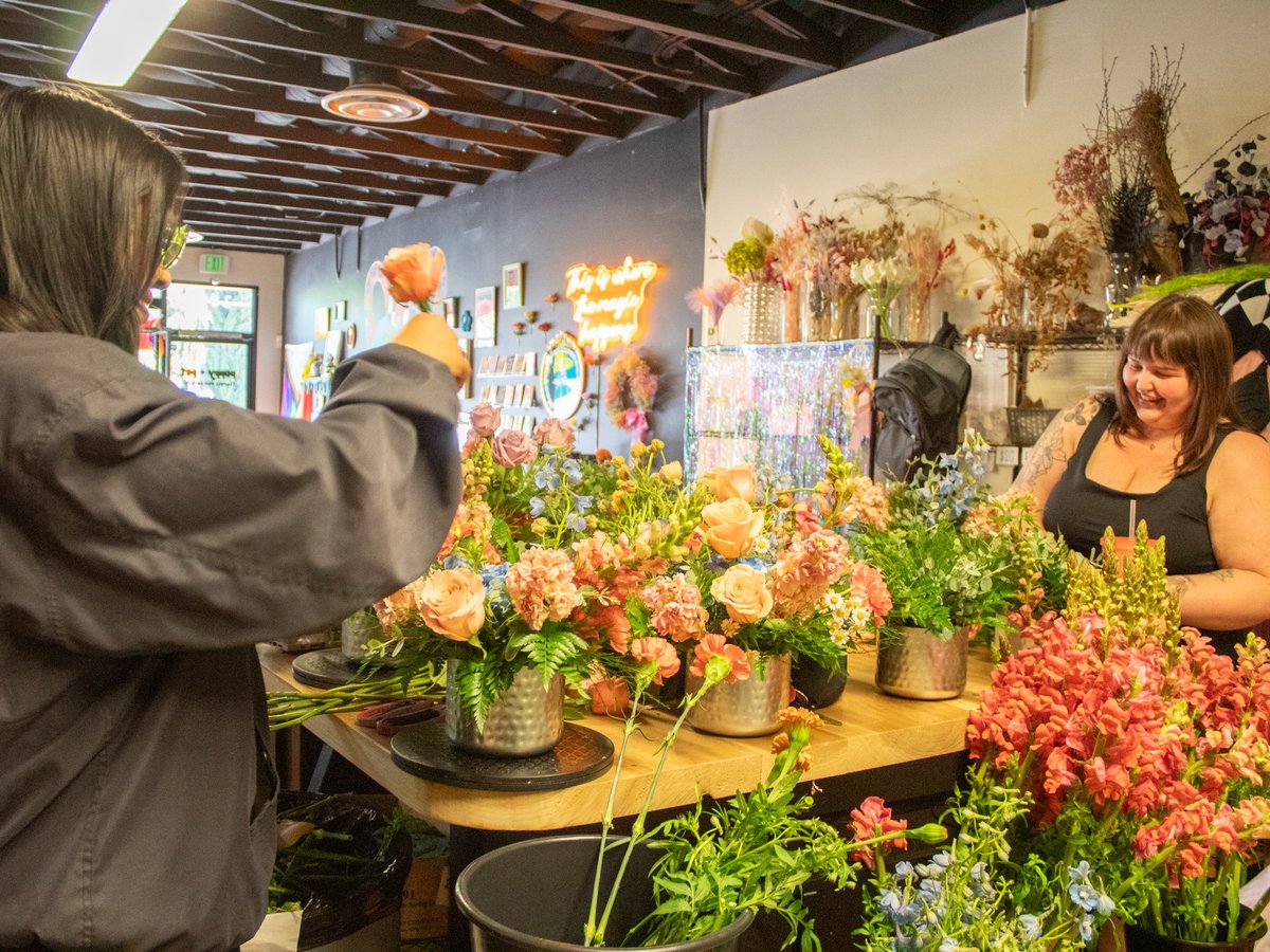 Ashley Singh (left) and Anna Gonzalez make floral arrangements Tuesday, May 6, 2025, at Poppy and Pot at 2908 Franklin Blvd in Sacramento.