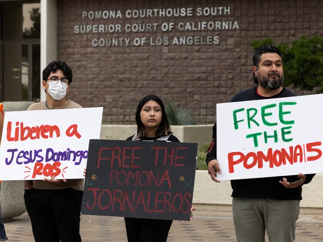 Protesters demand the release of the "The Pomona 5" during a press conference outside the Pomona Superior Courthouse, on May 6, 2025. Five day laborers were apprehended by border patrol officials outside of a Home Depot in Pomona on April 22, 2025.