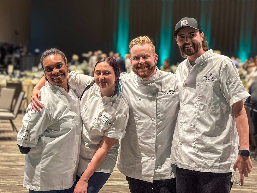 The 2025 Tower Bridge Dinner chefs were introduced at Visit Sacramento’s event on Wednesday. From left to right: N’Gina Guyton of Jim Denny’s, Jeana Pecha of Omakase Por Favor, Devin Dedier of Vacanza Romana, and Bucky Bray of Nixtaco Folsom.