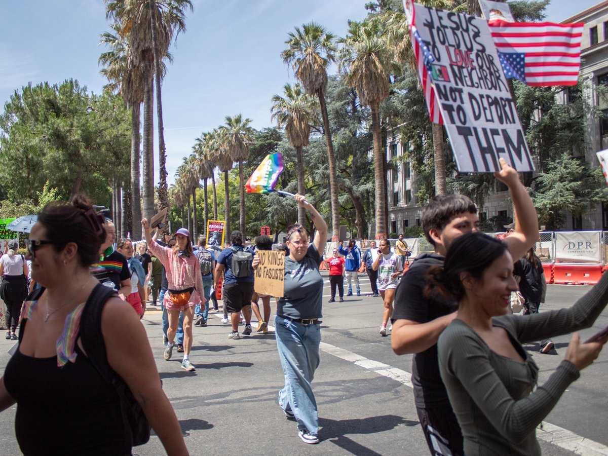 Protesters during the “No Kings” rally Saturday, June 14, 2025, near the California State Capitol at 1315 10th Street in Sacramento.