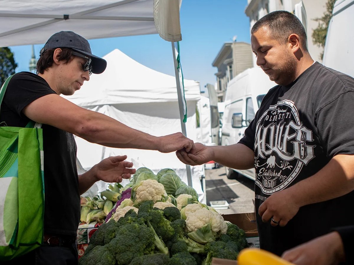 The Ecology Center farmers' market in downtown Berkeley on July 13, 2019. CalFresh participants can purchase tokens at the market using their benefits card and can receive up to $10 in additional tokens specifically for fruits and vegetables.