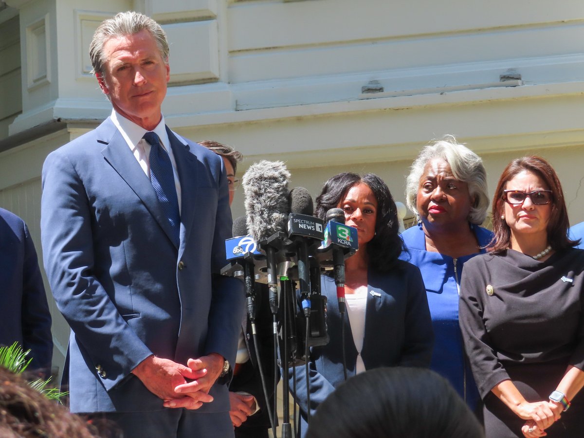 California Governor Gavin Newsom is joined by Democrats in the Texas state legislature Friday, July 25, 2025, outside the Governor's Mansion in Sacramento.