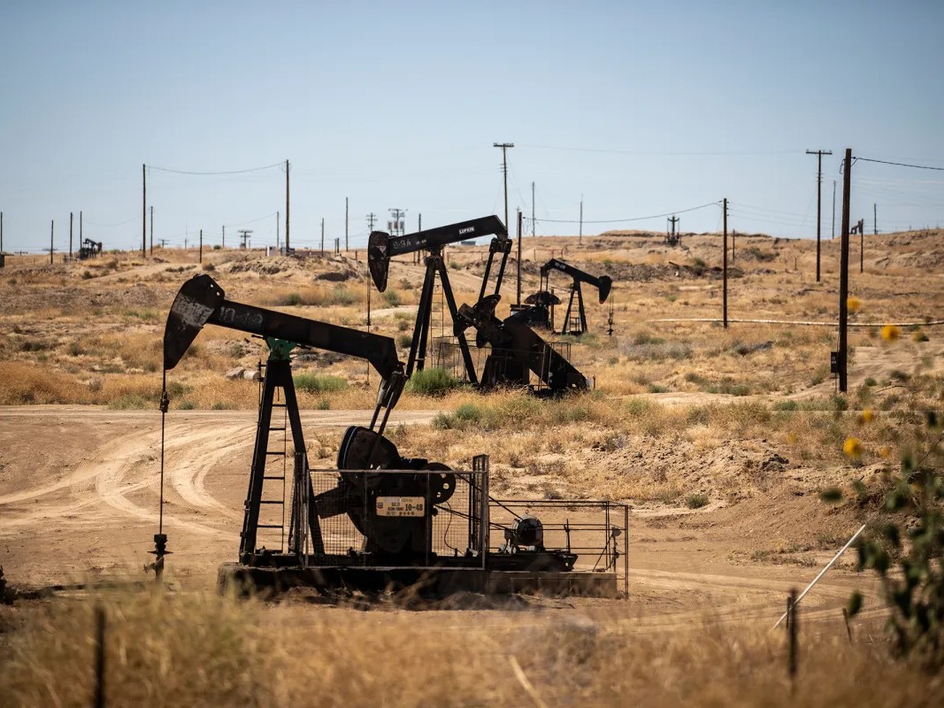Oil pumps in the Kern River Oil Field near Bakersfield.