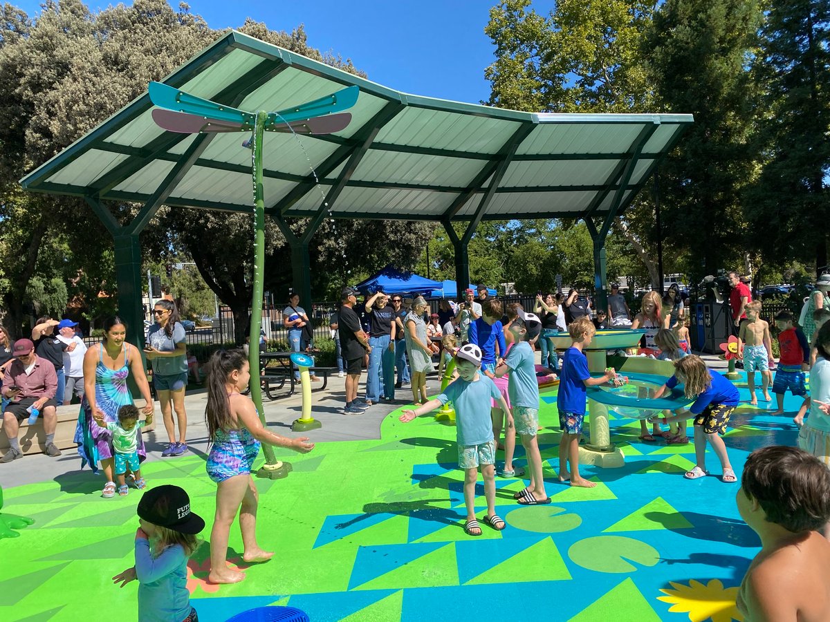 Kids try out the new splash pad called Natalie’s Corner, dedicated to fallen police office Natalie Corona. It opened in Davis on August 16, 2025.
