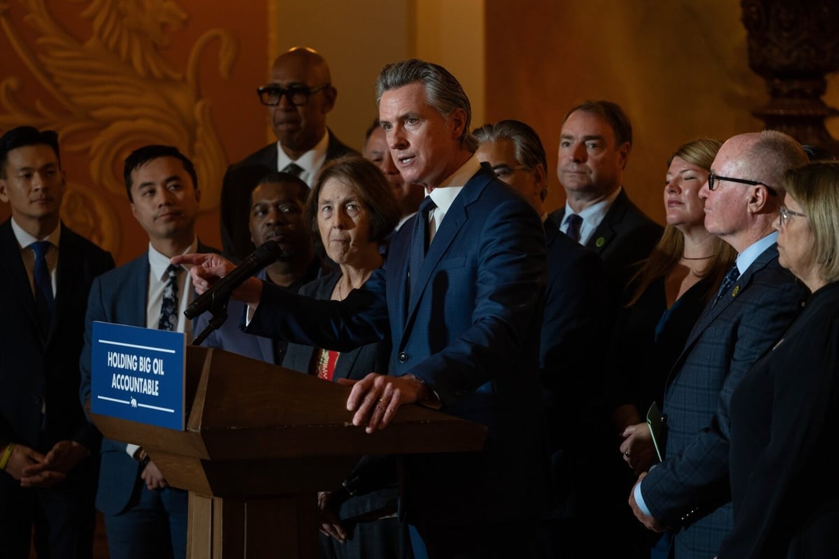 Governor Gavin Newsom speaks from the rotunda of the State Capitol after signing legislation aimed at preventing gas price spikes. October 14, 2024.