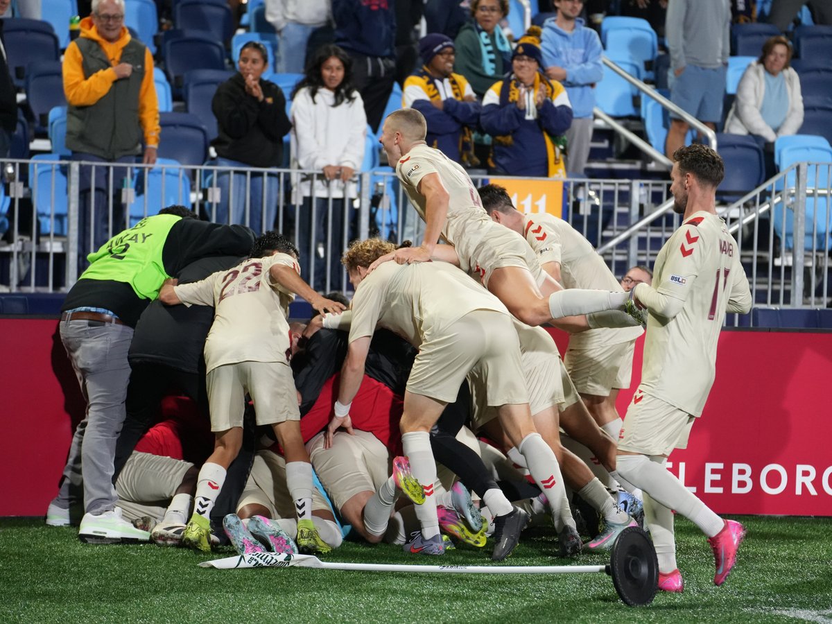 Sacramento Republic FC players celebrate after goalkeeper Jared Mazzola makes a crucial penalty save in the Jägermeister Cup semifinal against Rhode Island FC Sept. 10, 2025.