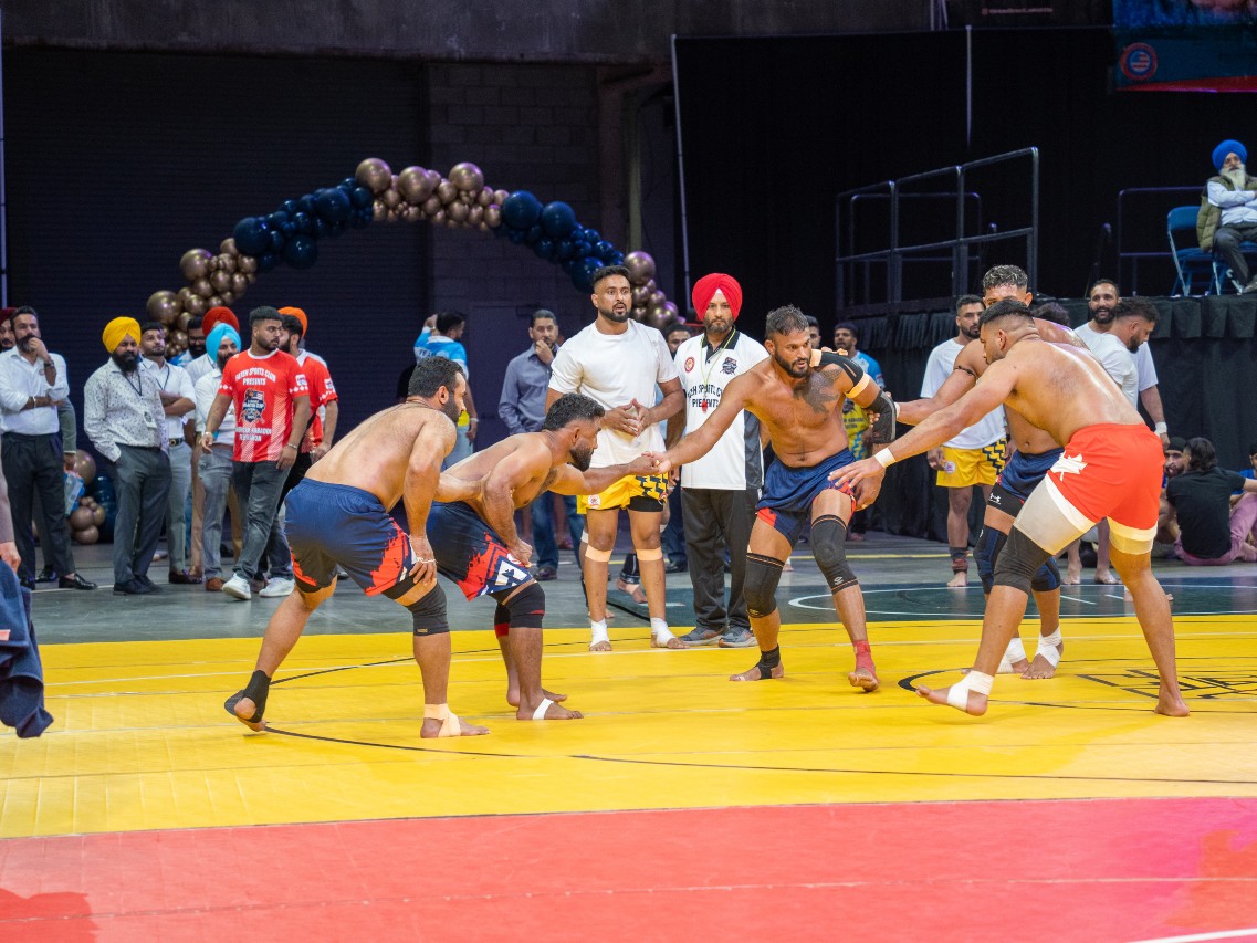 Players compete in the inaugural American Kabaddi Cup at Adventist Health Arena in Stockton Oct. 5, 2025.