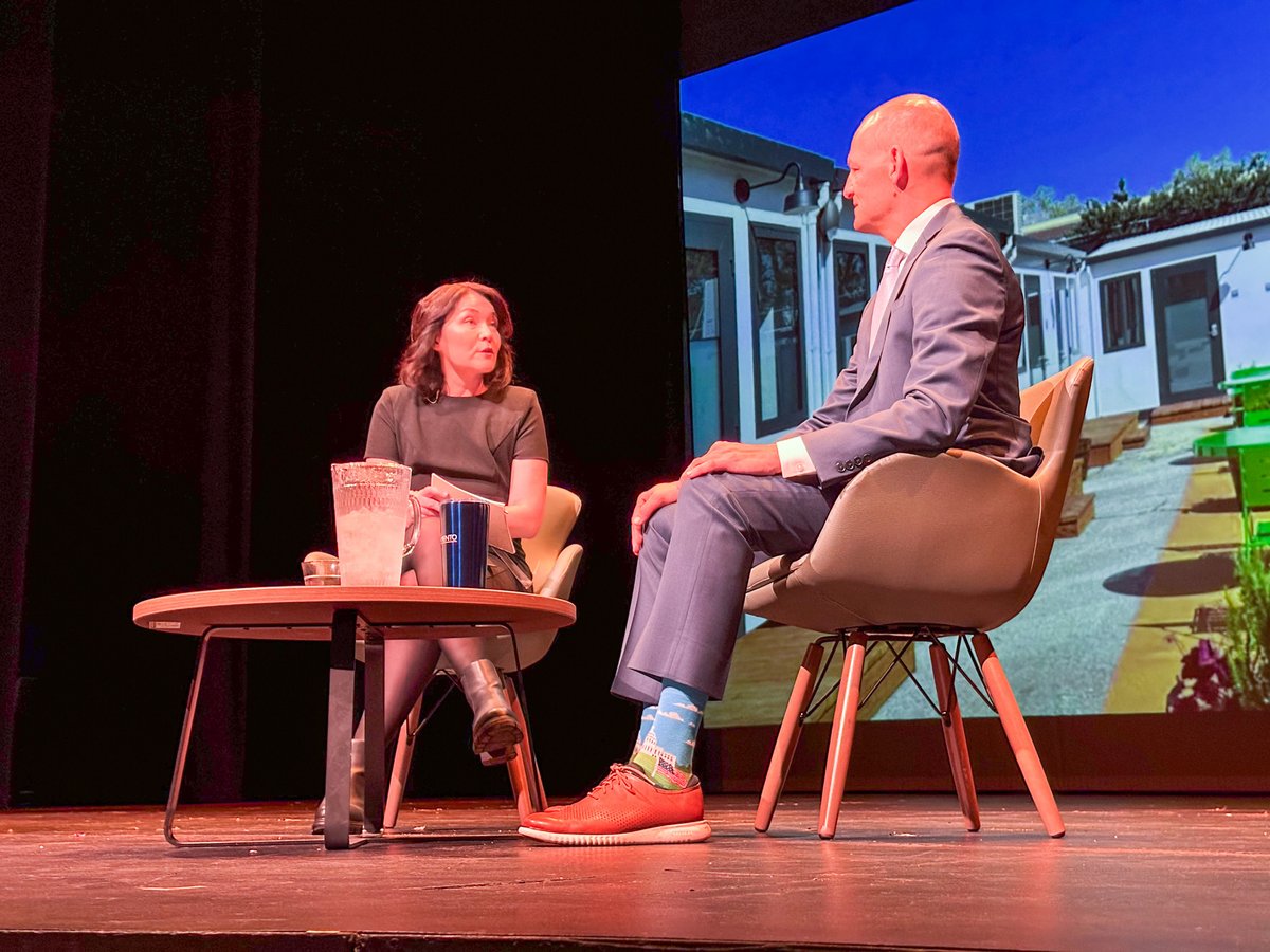 Sacramento Mayor Kevin McCarty speaks with CapRadio’s Vicki Gonzalez during his first State of the City address at The Sofia, Home of B Street Theatre, on Monday, Oct. 20, 2025.
