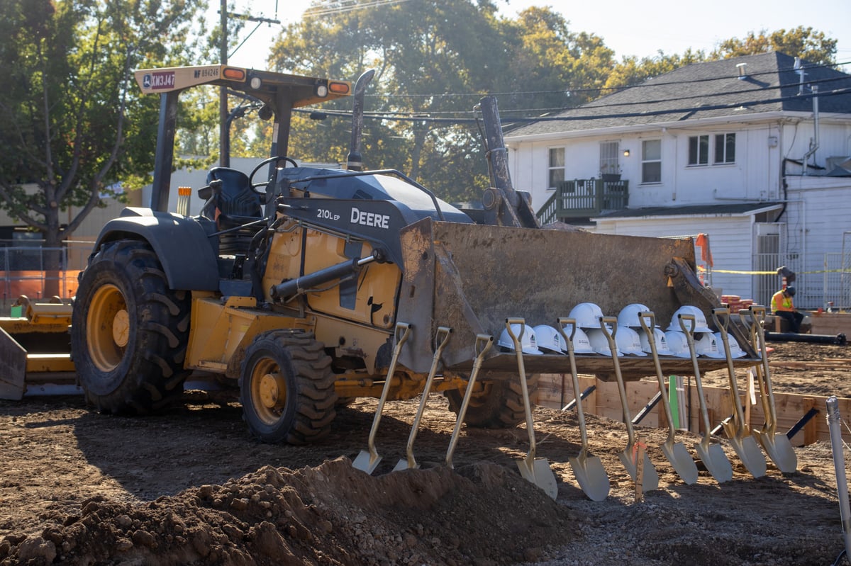 Hard hats and shovels sit on construction equipment before the Sakura groundbreaking in Midtown Sacramento on Oct. 29, 2025.