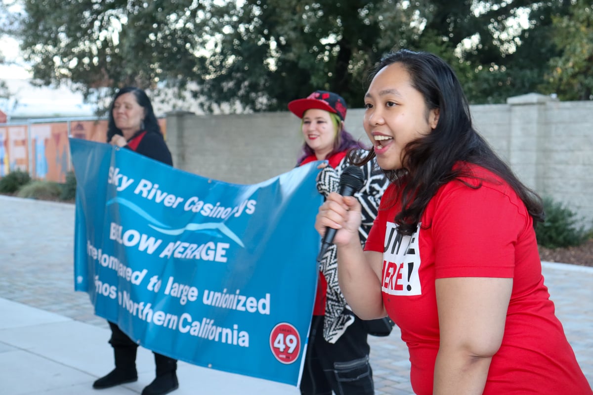 Sky River barista Nikka Flores speaks during a union event in Elk Grove on Tuesday, Nov. 18.