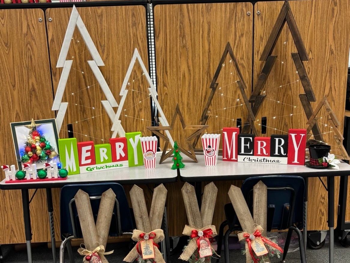 In preparation for the Holiday Boutique, Katie Hoffman’s class at Escalon High crafted wooden Christmas trees decorations.