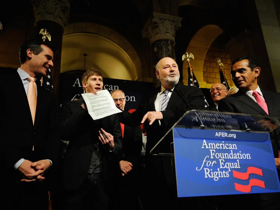 Opponents of Proposition 8, California's anti-gay marriage measure, director Robert Reiner, center, and writer Dustin Lance Black celebrate with Los Angeles Mayor Antonio Villaraigosa, councilman Eric Garcetti at Los Angeles City Hall Feb. 7, 2012.