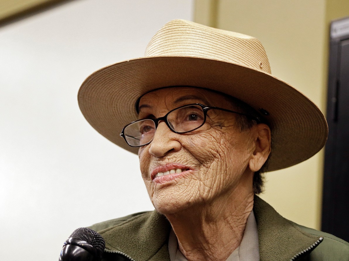 FILE - National Park Service Ranger Betty Reid Soskin smiles during an interview at the Rosie the Riveter World War II Home Front National Historical Park in Richmond, Calif., July 12, 2016.