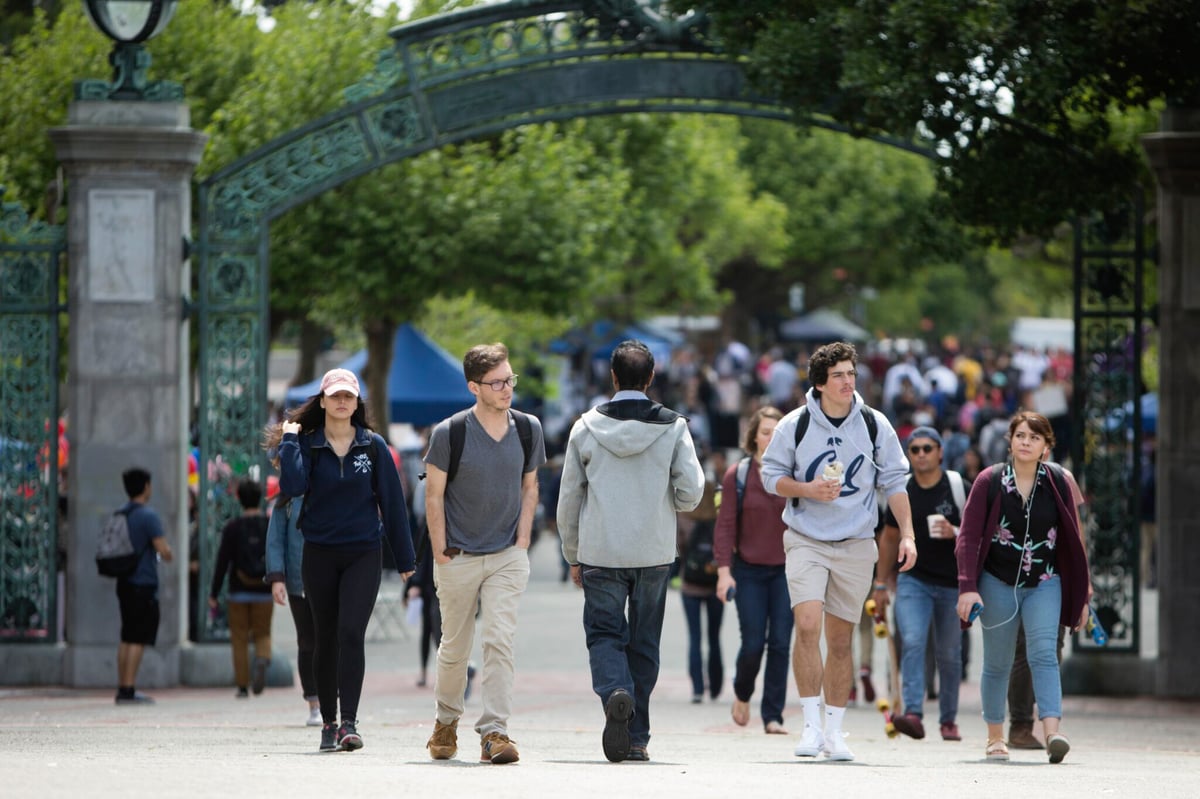 UC Berkeley students stroll around campus near the landmark Sather Gate.