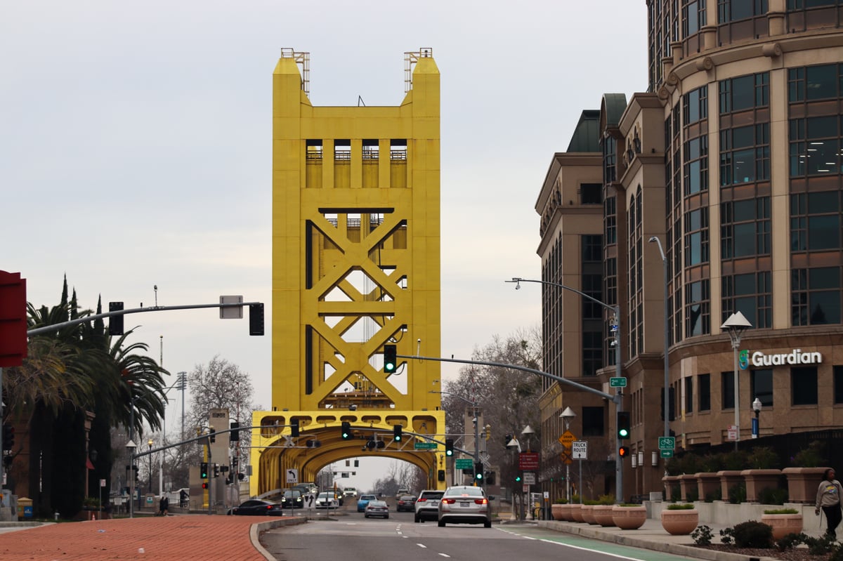Traffic moves across the Tower Bridge between Sacramento and West Sacramento on Wednesday, Jan. 21, 2026.