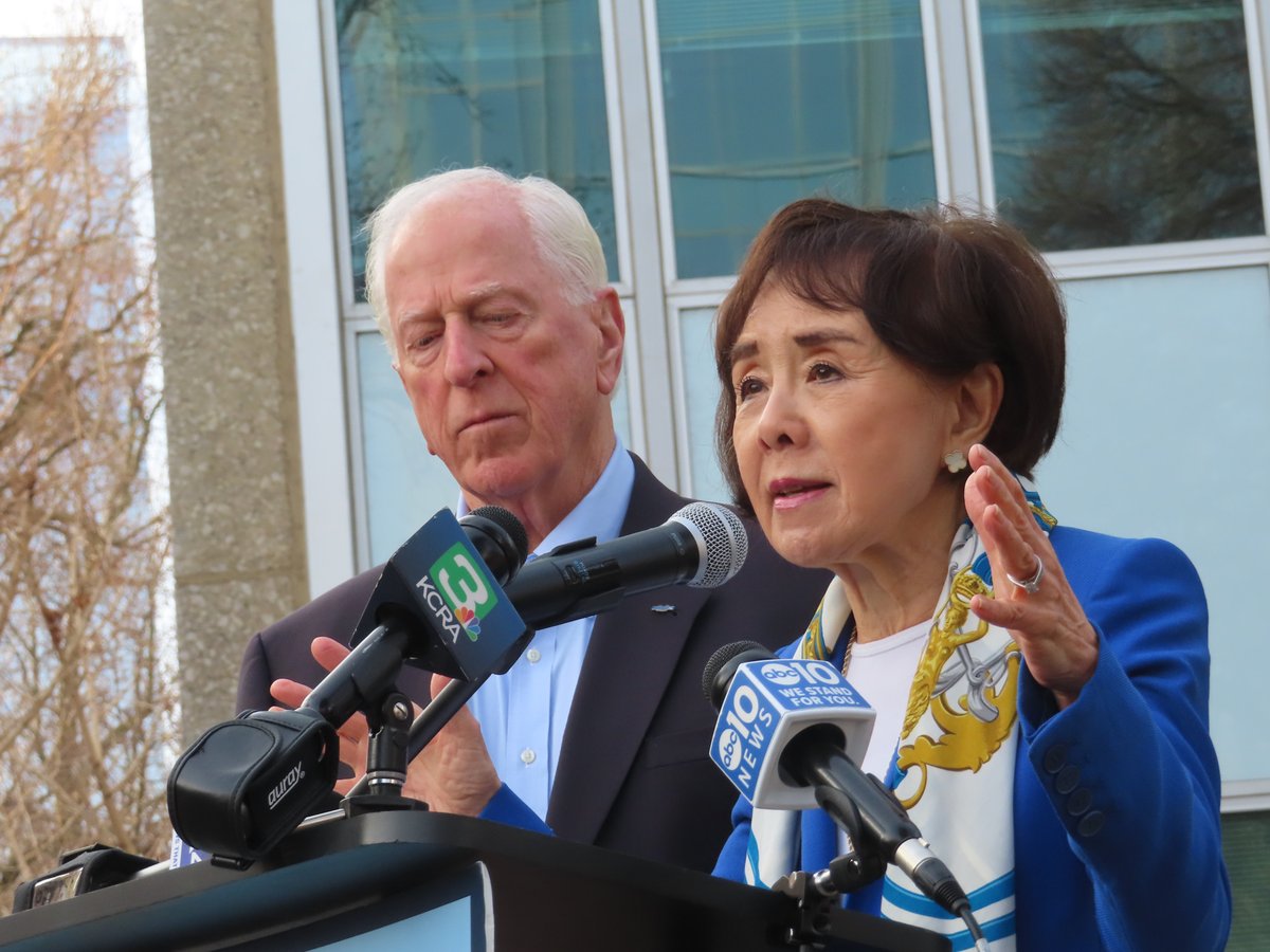 Congressmembers Doris Matsui and Mike Thompson during a press conference Thursday, Jan. 27, 2025, outside of the John Moss Federal Building in downtown Sacramento.