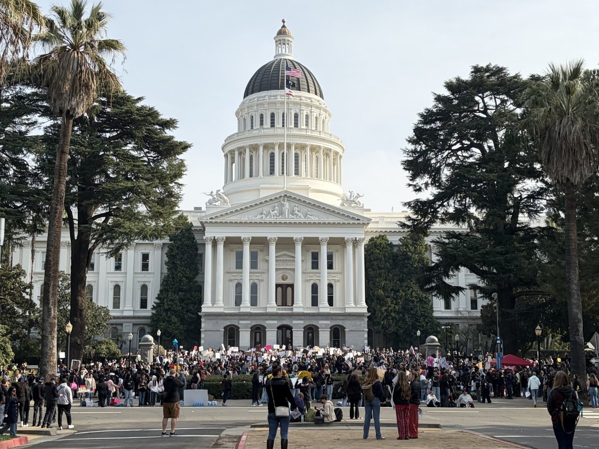 Students gather in front of the state Capitol during a protest against federal immigration enforcement in Sacramento, Calif., Friday Jan 30. The student-led demonstration drew roughly 1,500 participants.