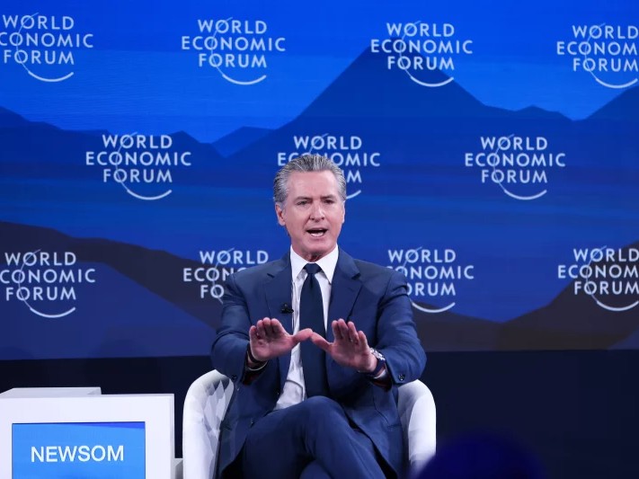 Gavin Newsom, governor of California, at the 2026 Davos gathering. Newsom met with World Health Organization head Tedros Adhanom Ghebreyesus at the event to talk about working together to monitor emerging public health threats.
