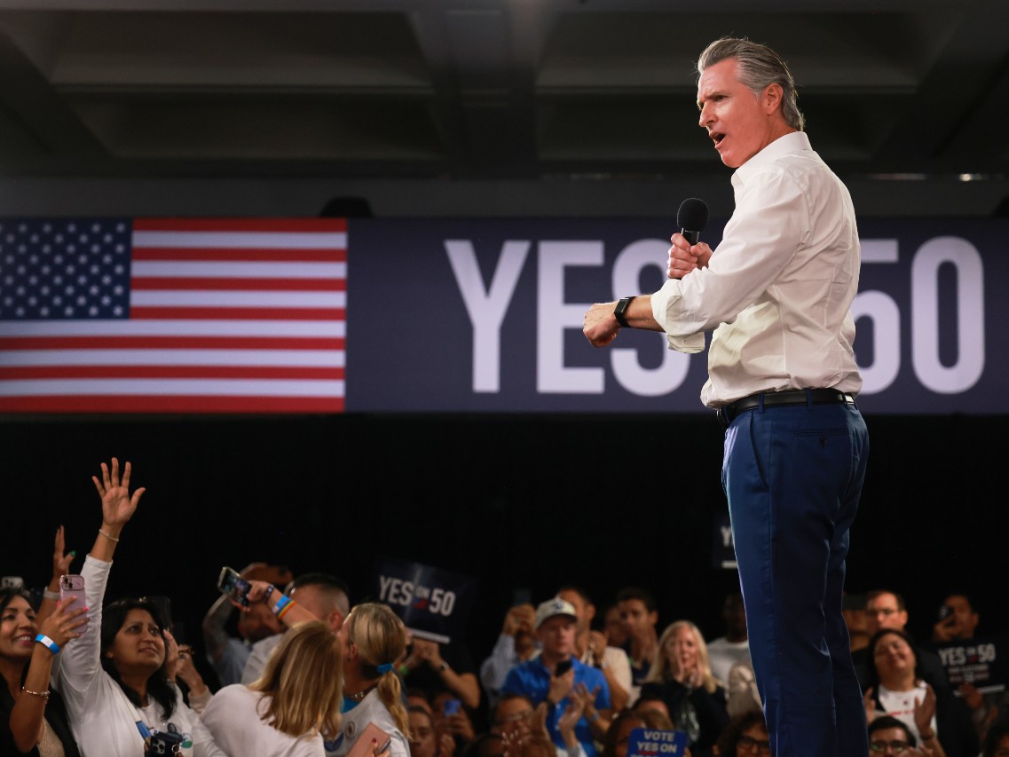 FILE - Gov. Gavin Newsom speaks during a campaign event on Proposition 50, Nov. 1, 2025, in Los Angeles.