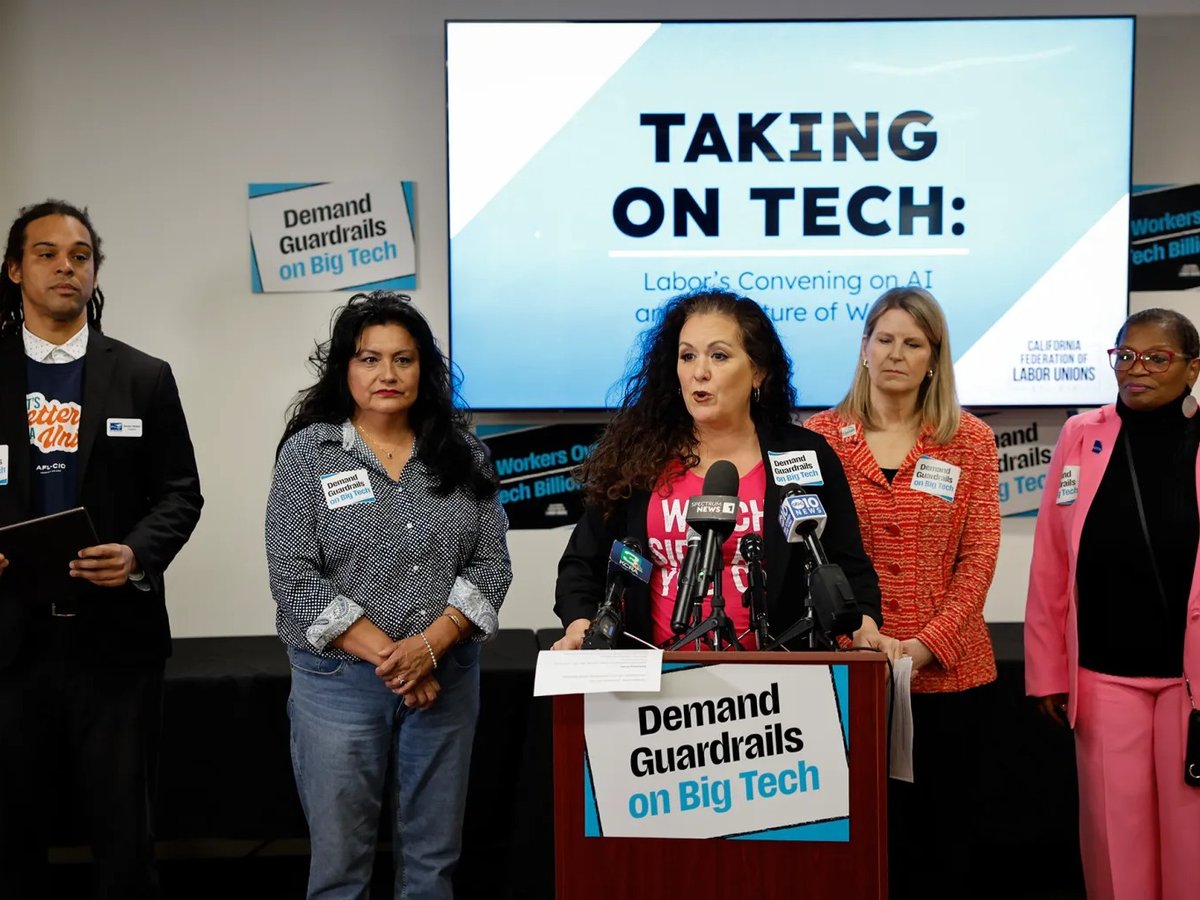 Unions are trying to push the governor, who has hesitated to regulate AI, to take a stronger stand against the technology. Flanked by labor advocates, former Assemblymember Lorena Gonzalez, president of California Federation of Labor Unions AFL-CIO.