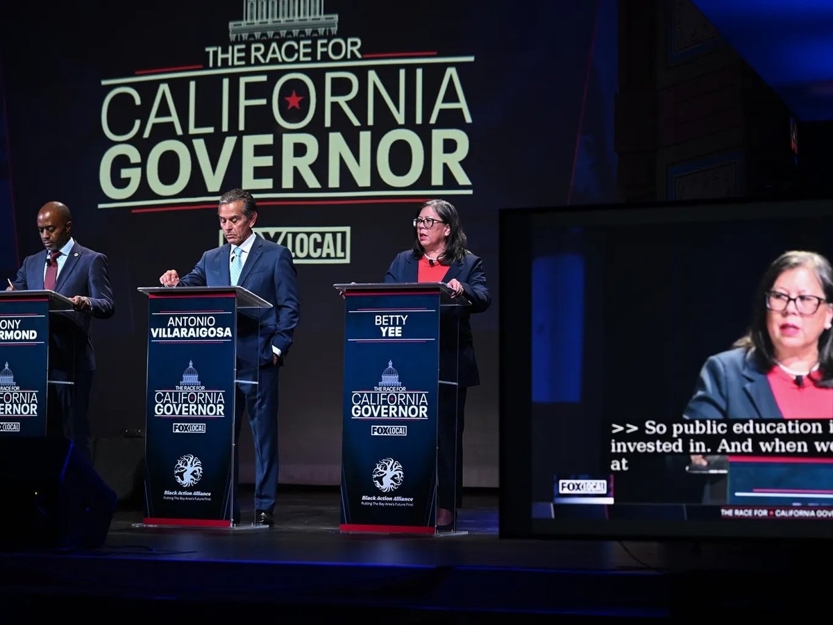 From left, California State Superintendent of Public Instruction Tony Thurmond, former Los Angeles Mayor Antonio Villaraigosa and former California State Controller Betty Yee at the gubernatorial candidate debate in San Francisco on Feb. 3, 2026.