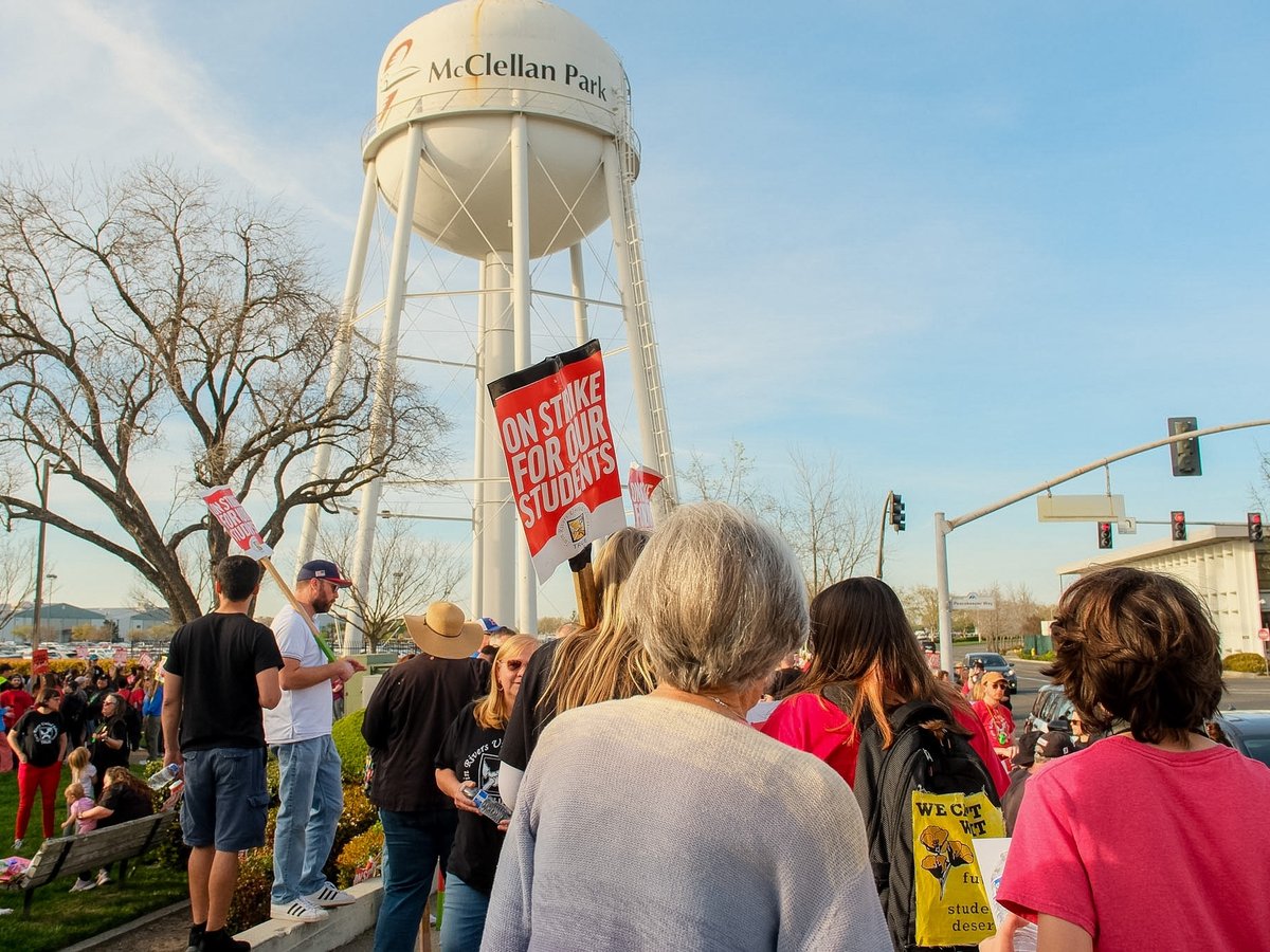 Parents, teachers and students gather to support Twin Rivers educators while striking outside of the Twin Rivers Unified School District building in McClellan Park on Tuesday, March 10, 2026.