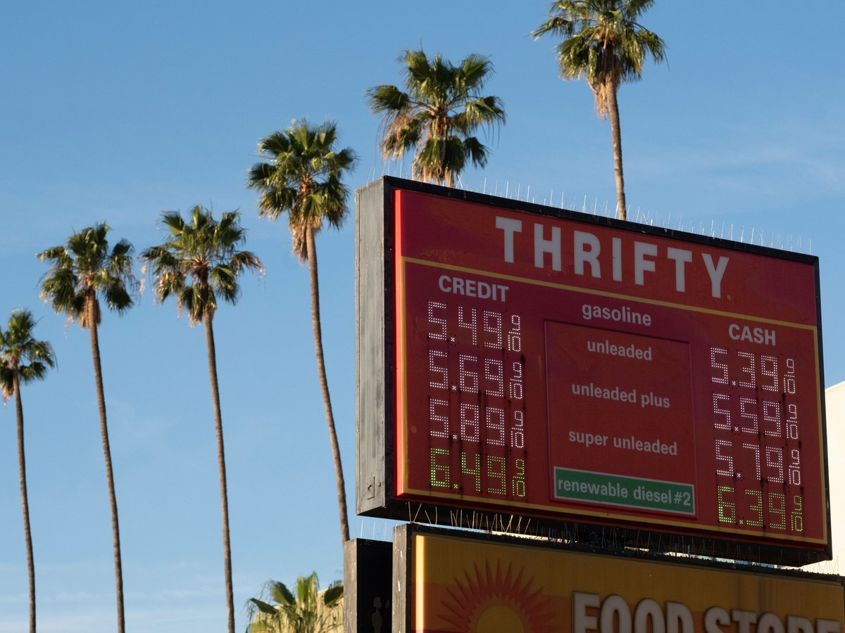 Gas prices are advertised Friday, March 13, 2026, in Los Angeles.