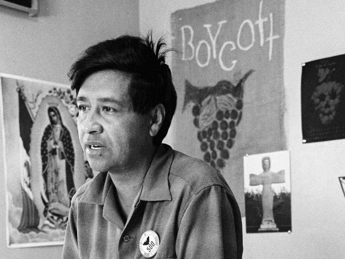 FILE - Cesar Chavez, a farm worker, labor organizer and leader of the California grape strike, is seen in a California works office in 1965.