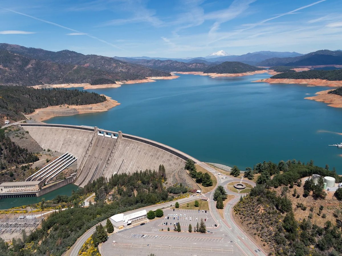 An aerial view of Shasta Lake and its dam in Shasta County on May 24, 2022.