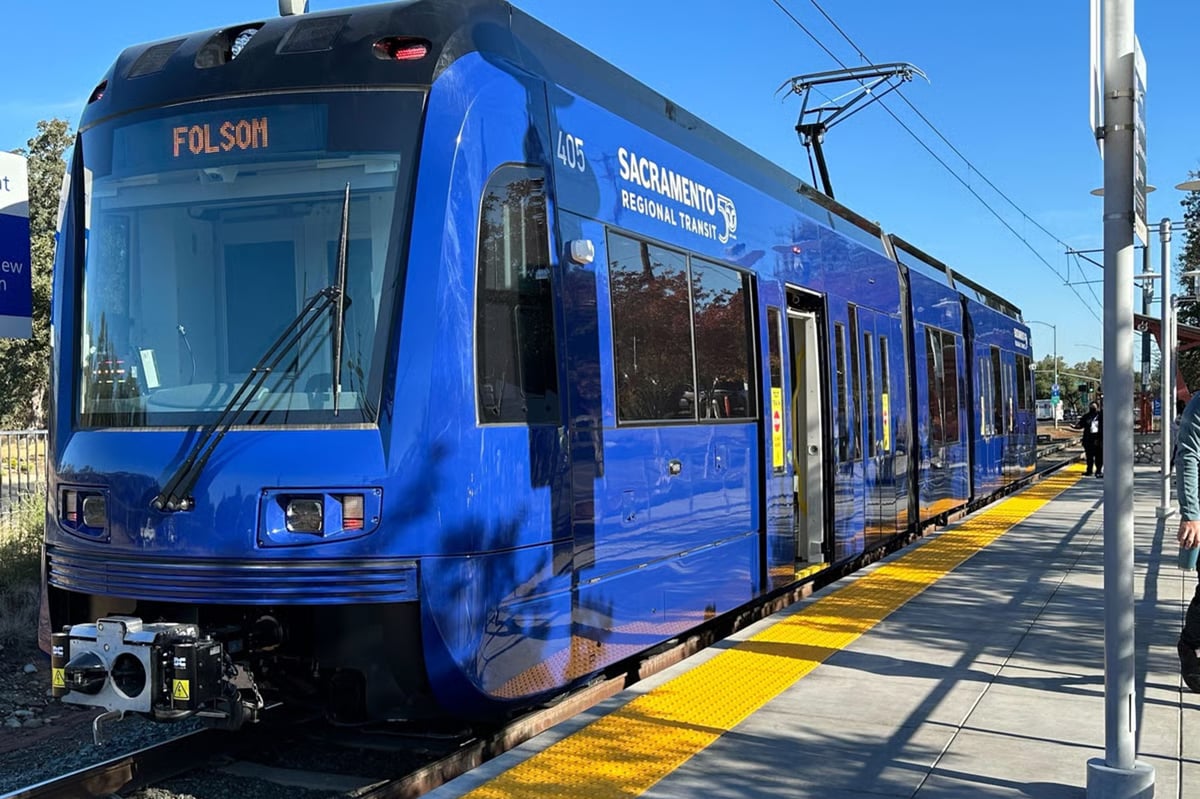The new 'low-floor' light rail train at the groundbreaking event for the new Gold Line passing track in Folsom, Calif., Wednesday, Nov. 8, 2023.