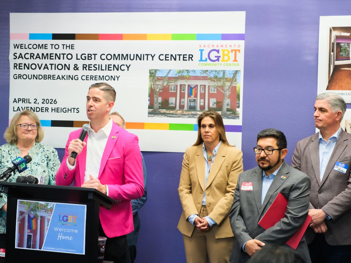 Sacramento LGBT Center CEO David Heitstuman flanked by (left to right) SMUD Board Member Rosanna Herber, California State Assemblymember Maggy Krell, and City Councilmembers Phil Pluckebaum and Eric Guerra. April 2, 2026.