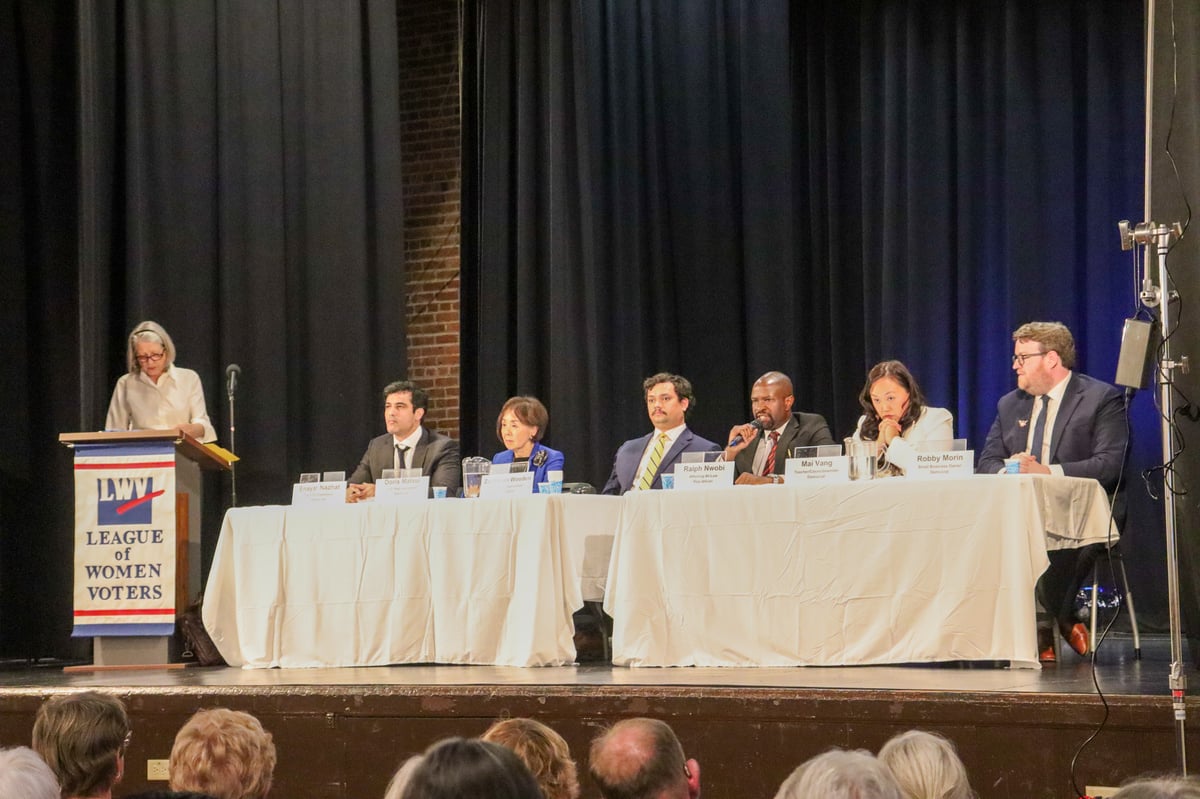 California’s District 7 Congressional Candidates, from left, Enayat Nazhat, Doris Matsui, Zachariah Wooden, Ralph Nwobi, Mai Vang, and Robby Morin participate in a forum moderated by the League of Women Voters on April 2, 2026.