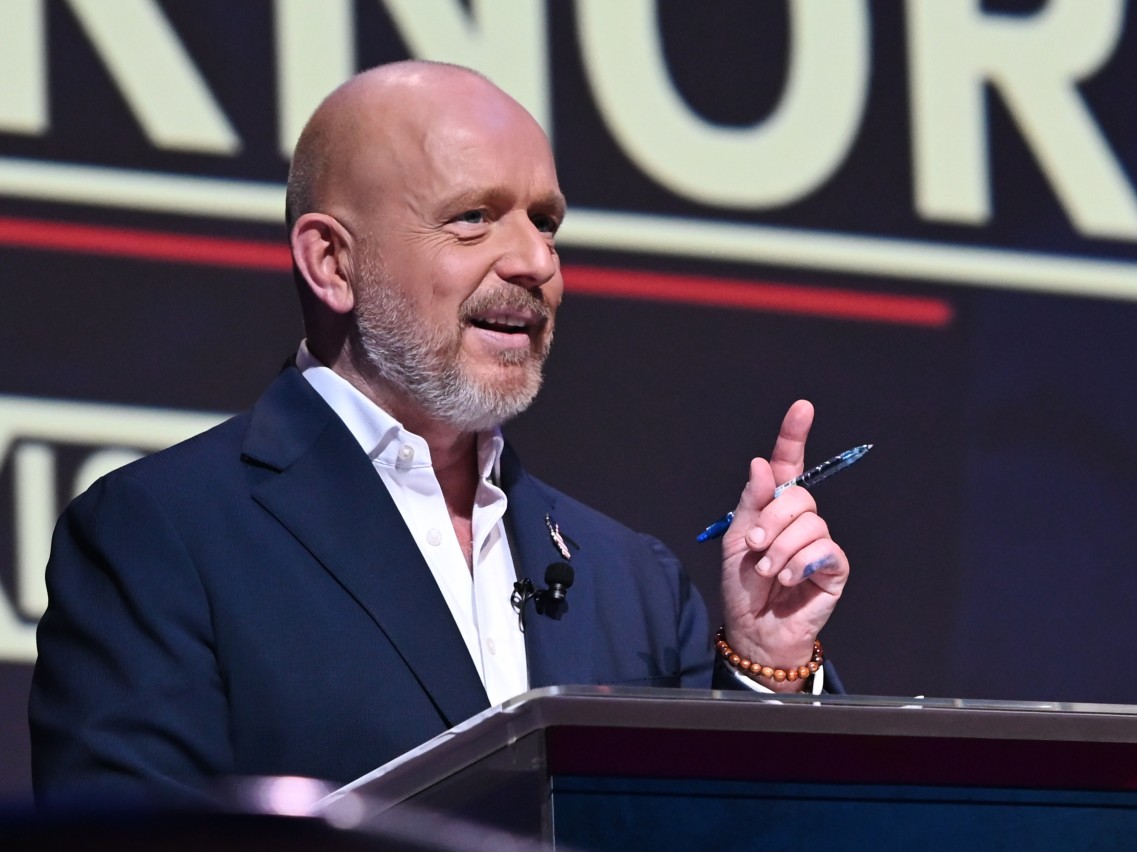 Steve Hilton speaks during the California gubernatorial candidate debate, Feb. 3, 2026, in San Francisco.