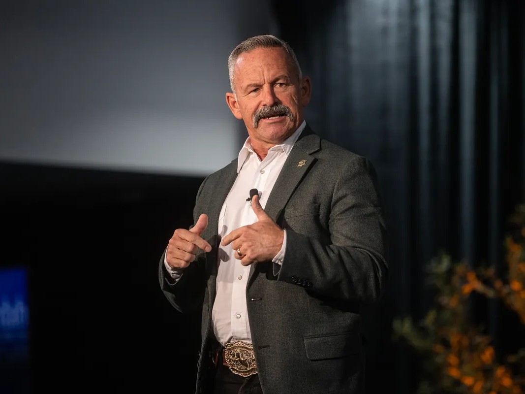 Republican gubernatorial candidate Chad Bianco speaks on stage during The Western Growers California Gubernatorial Candidate Forum at Fresno State in Fresno on April 1, 2026.