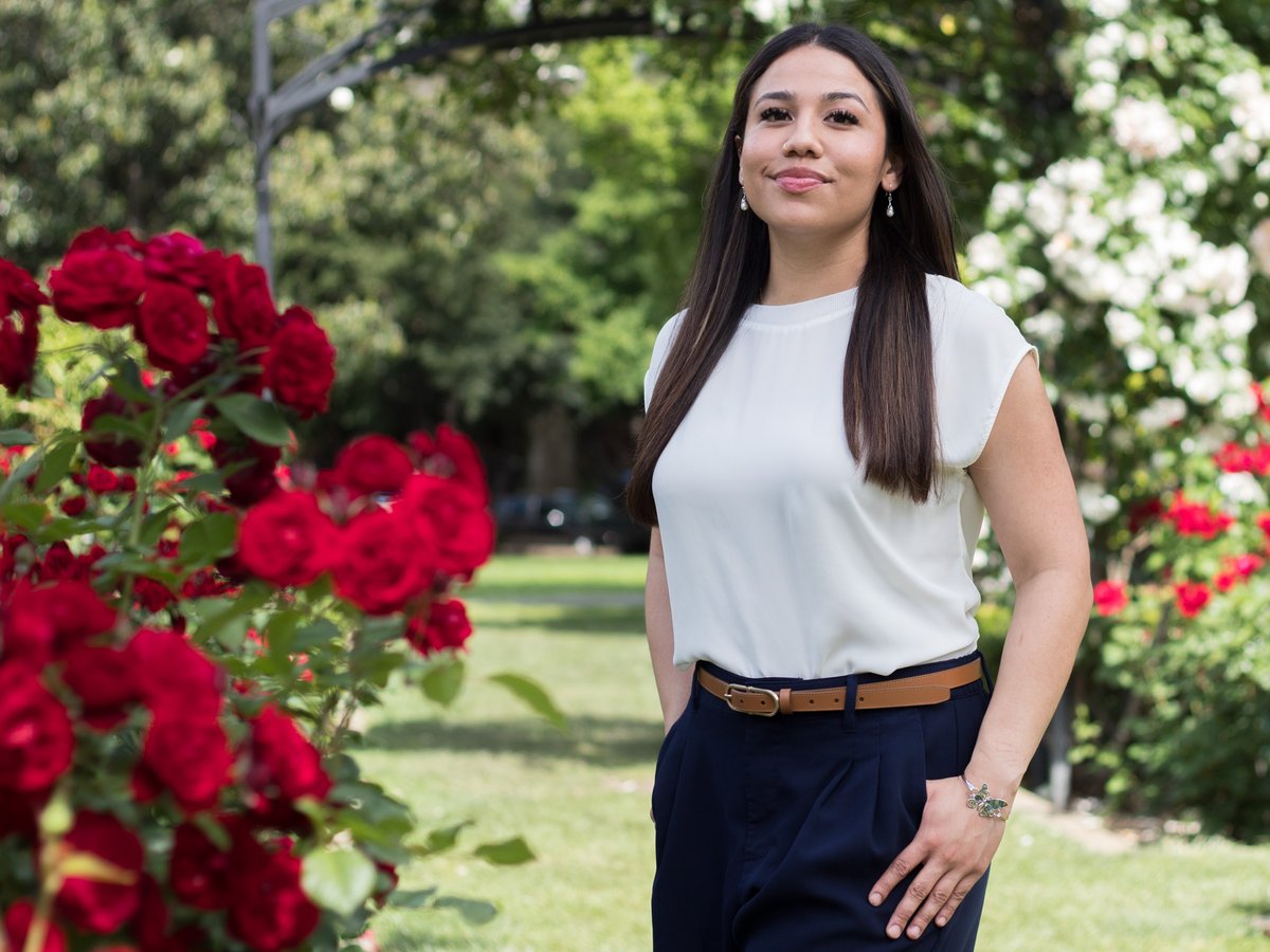 Daniela Valladares Hernandez Monday, April 13, 2026, in the McKinley Park Rose Garden in East Sacramento. Valladares says she enjoys visiting the park with friends and to decompress.