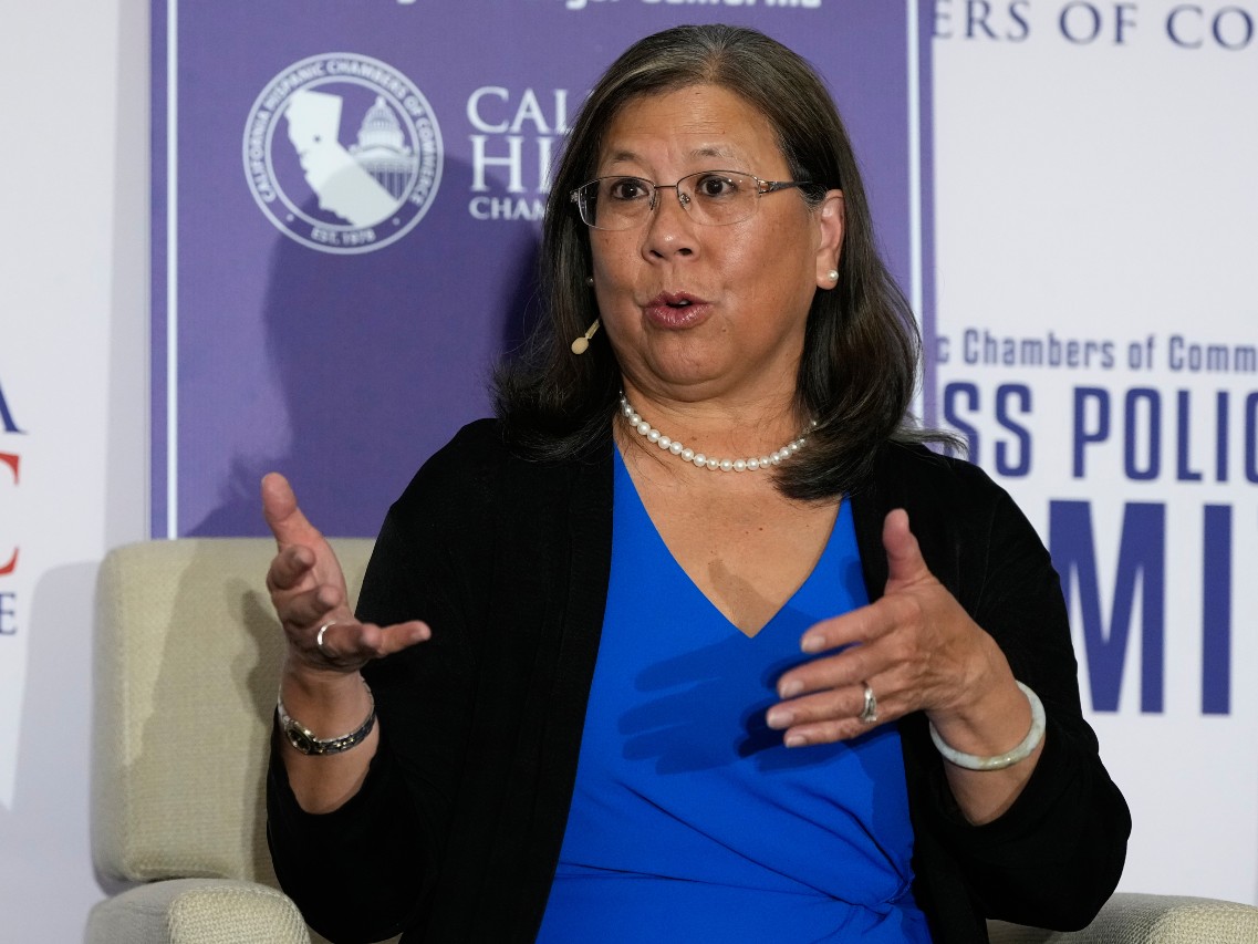 Betty Yee speaks during a gubernatorial candidate forum in Sacramento, Calif., Tuesday, April 14, 2026.