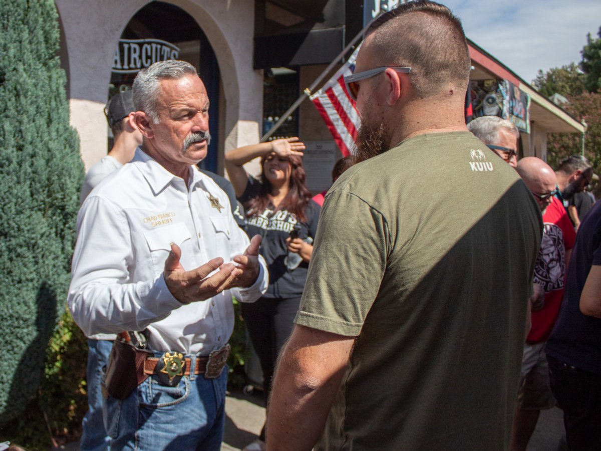 Sheriff Bianco out front of a Barbershop talking to supporters. Friday, Sept. 19, 2025, at Primo's Barbershop in Vacaville