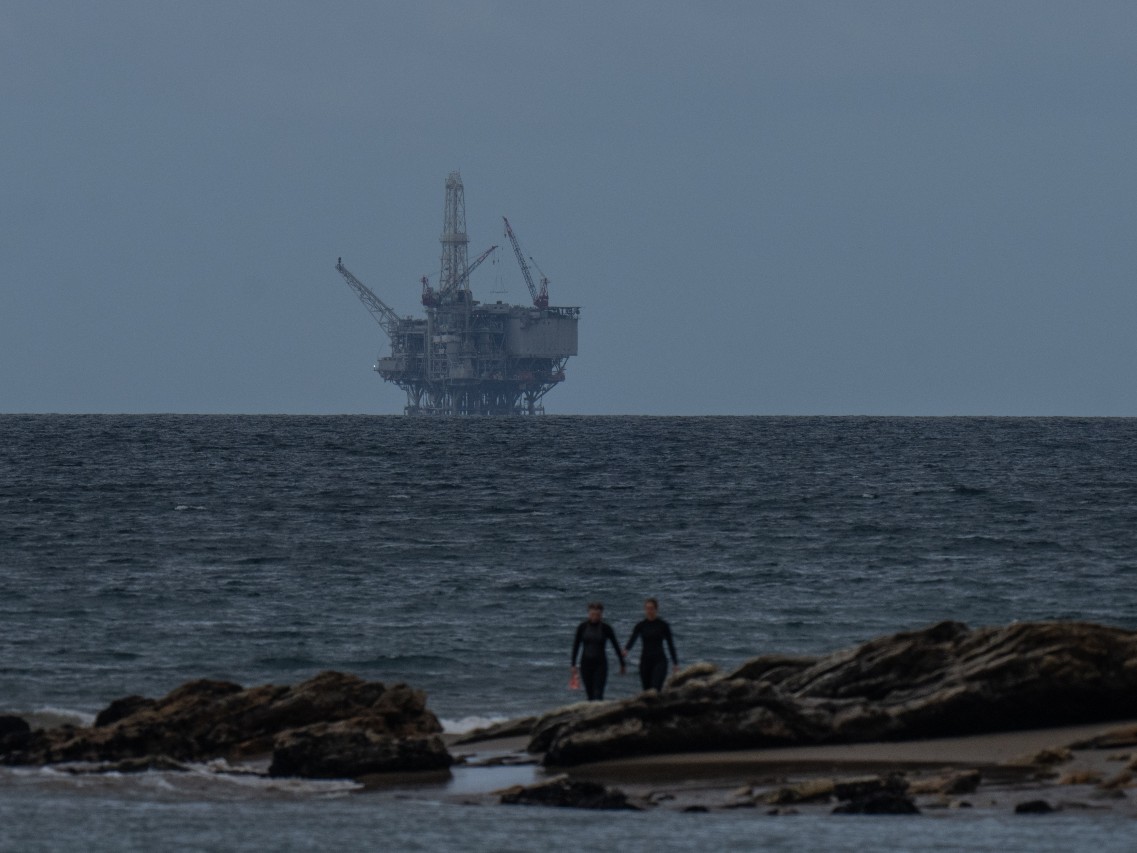 An offshore drilling platform operated by Sable Offshore Corp. is seen from Refugio State Beach near Goleta, Calif., Sunday, April 26, 2026.
