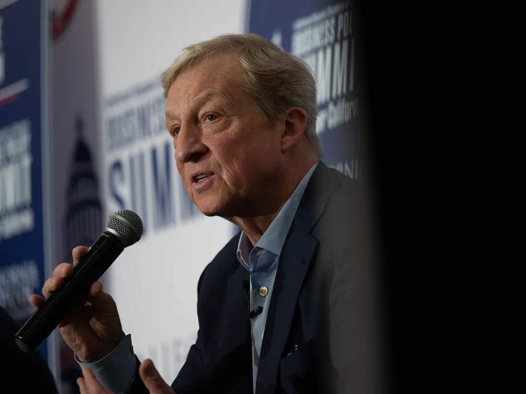 Tom Steyer speaks during a gubernatorial forum hosted by the Californa Hispanic Chamber of Commerce at the Sheraton Grand Sacramento Hotel in Sacramento on April 14, 2026.