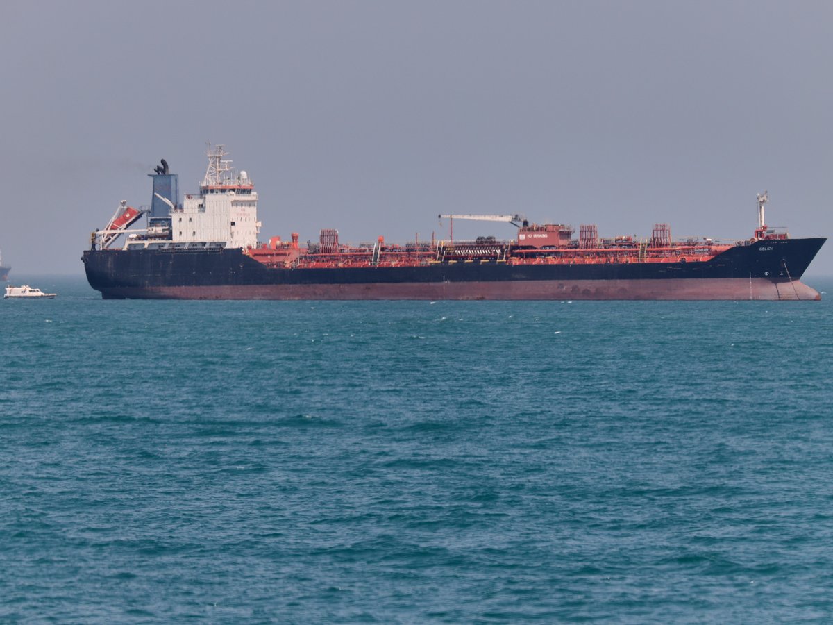An oil tanker sits at anchor in the Strait of Hormuz off Bandar Abbas, Iran, Saturday, May 2, 2026.