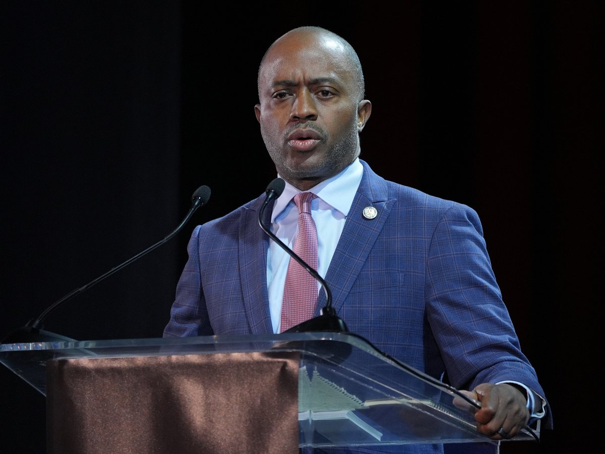 Tony Thurmond speaks during a California gubernatorial debate hosted by CBS LA at Pomona College in Claremont, Calif., Tuesday, April 28, 2026.