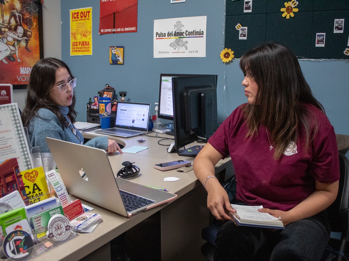 El Centro specialist Mariana Valdez Jimenez (left) speaks with student Lilian Esbejel Thursday, April 2, 2026, at American River College in Sacramento.