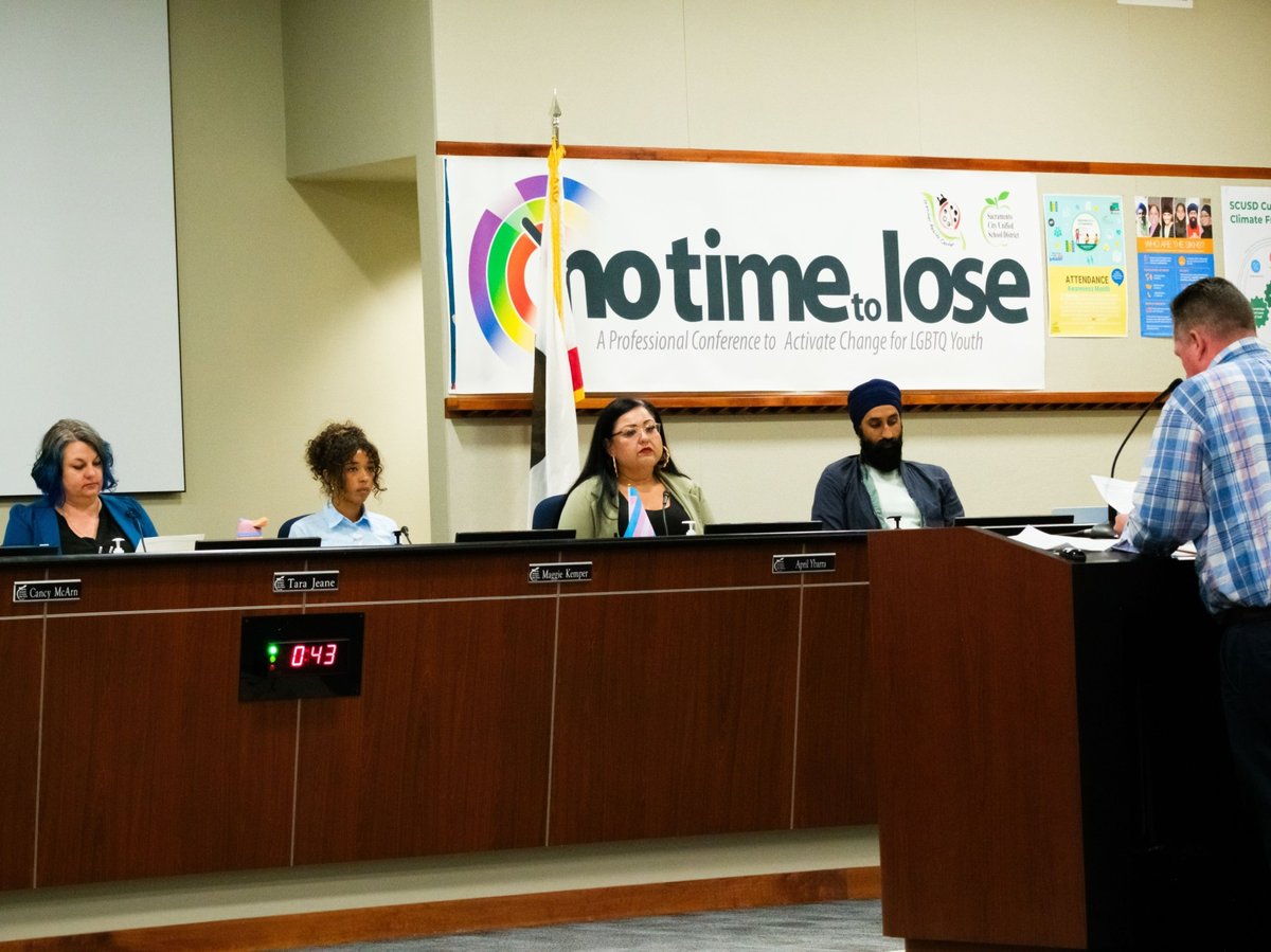 Sacramento City Unified school board listens to a public commenter during their meeting on Wednesday, May 21, 2026.