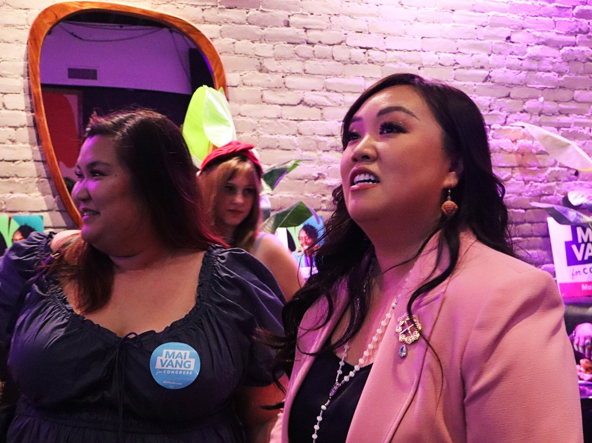 Mai Vang looks at the first election results during her joint watch party with Flojauane Cofer at Lock & Key Tapas and Bar on J Street Tuesday, June 2, 2026.