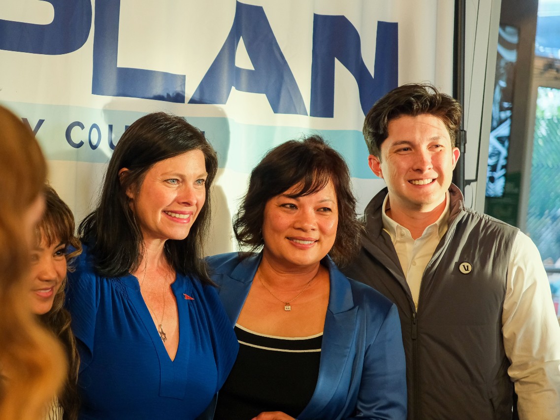 City councilmember Lisa Kaplan poses with supporters on election night. June 2, 2026.