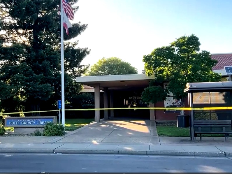 This image made from video provided by KRCR-TV shows Butte County Library, Chico branch, in Chico, Calif., Monday, June 22, 2026.