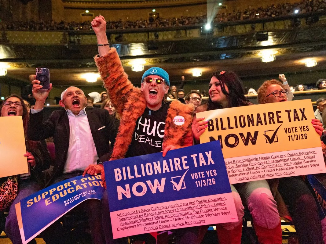 Keith Anthony Sakura among other supporters at the Billionaire Tax Now rally in Los Angeles on Feb. 18, 2026.