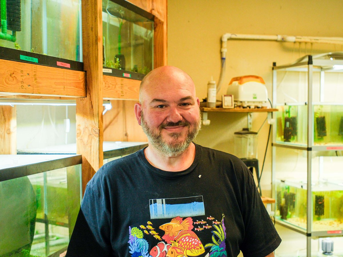 Erik Lucas poses in front of the tanks where he keeps his caridina and neocaridina shrimp on June 4, 2026