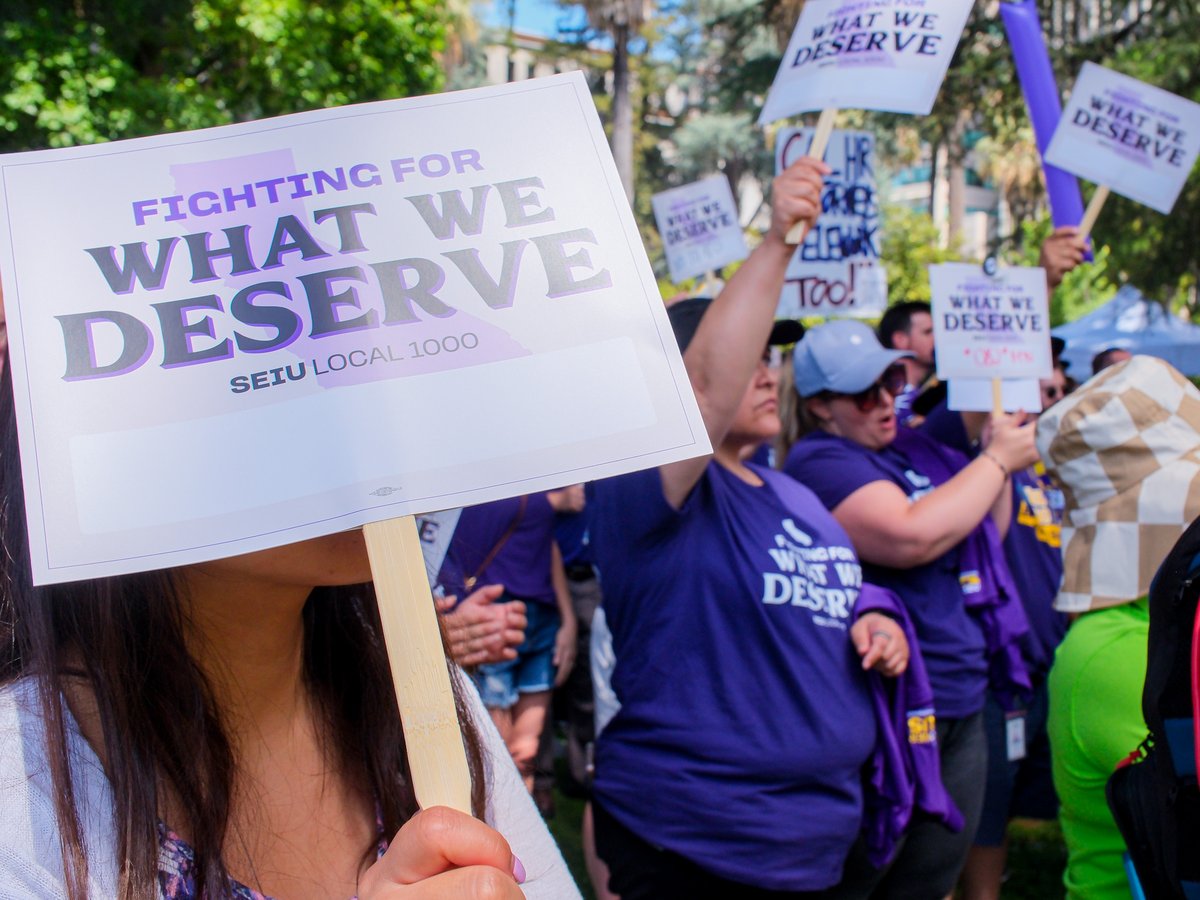 Members of SEIU Local 1000 gathered at the capitol to protest returning to office on July 1, 2026.